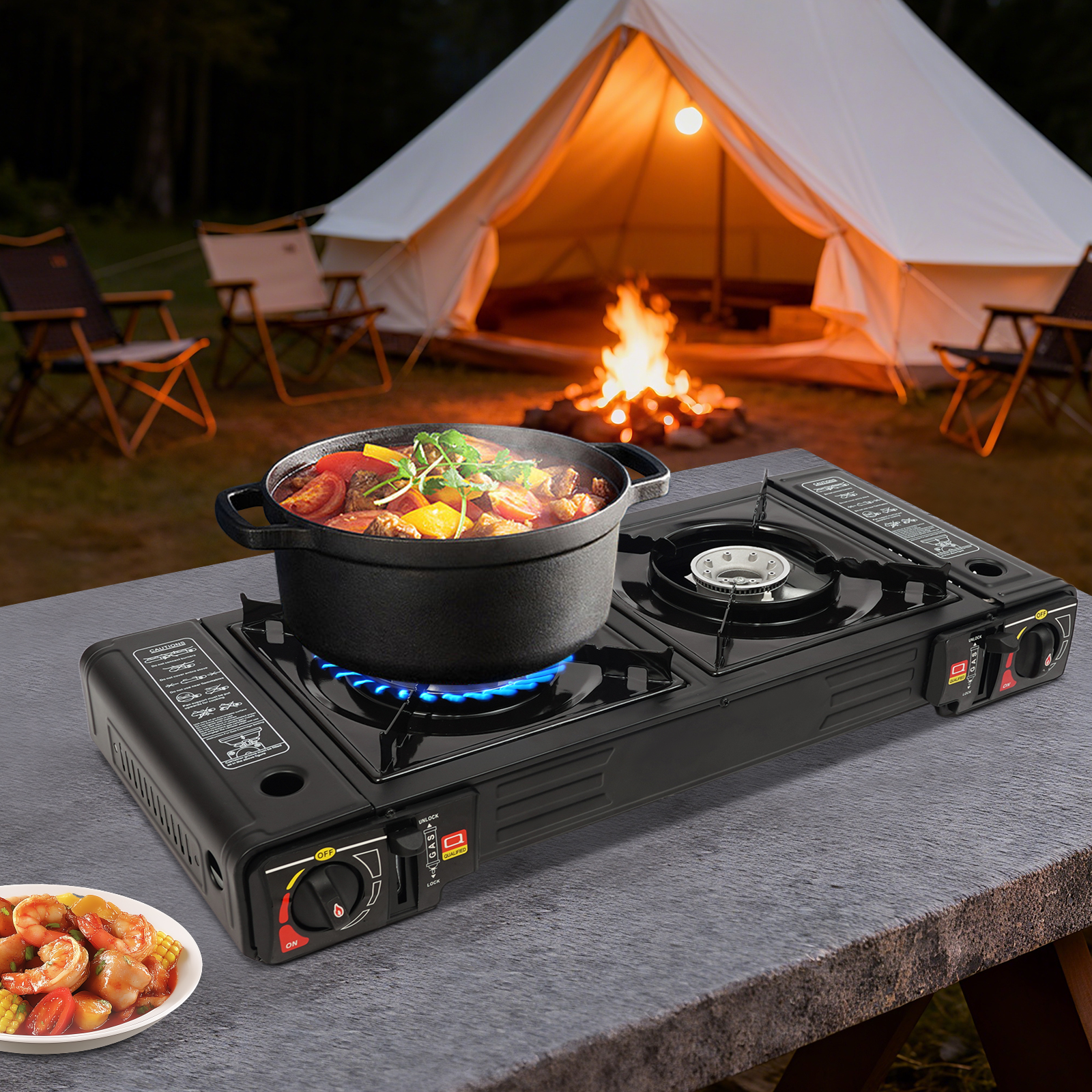Dual Burner Gas BBQ Grill,Port - Camping Double Cooking Stove のレビューと価格